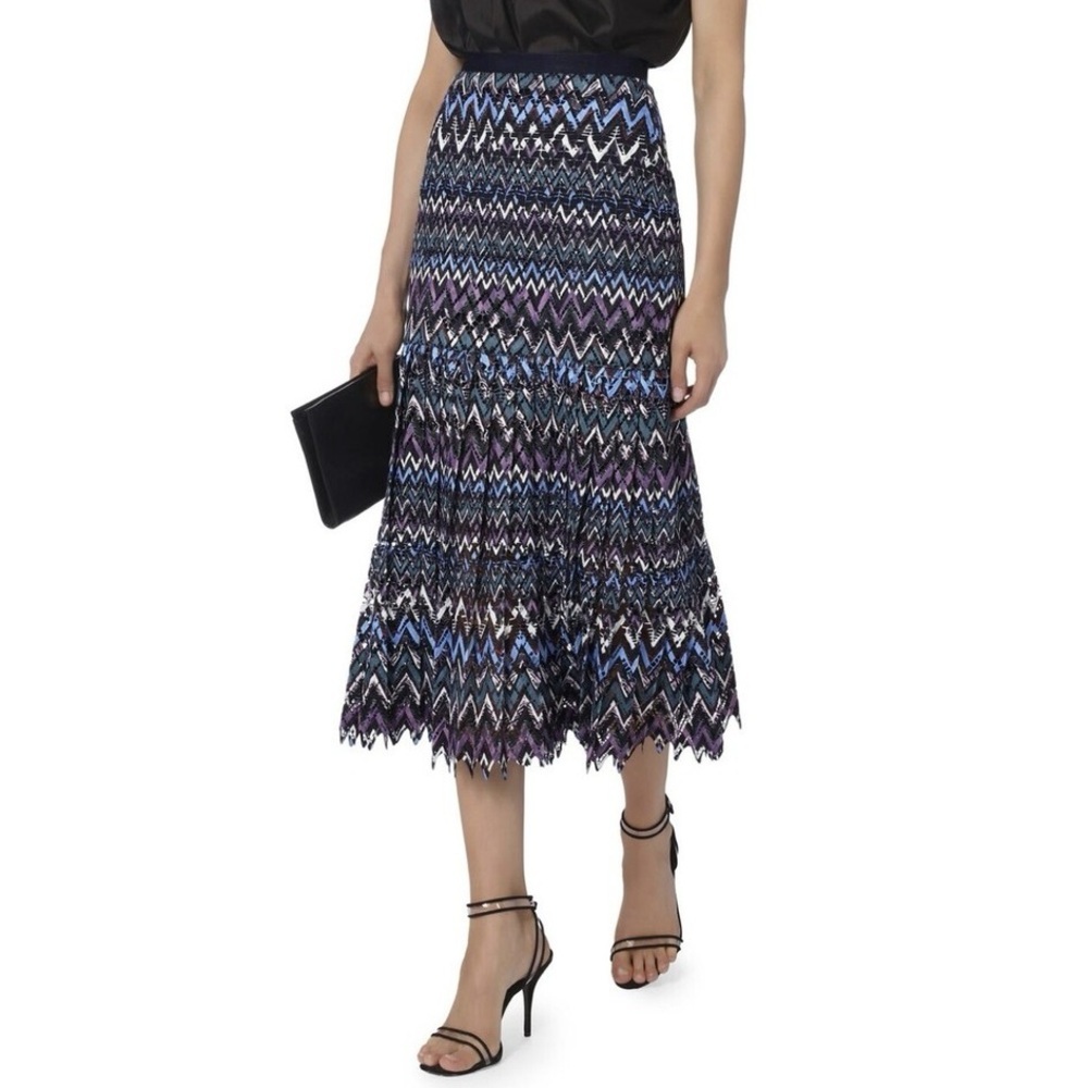 Saloni Diana C Chevron Blue Multi Pleated Laser Cut Midi Lace Skirt EUC Size 0